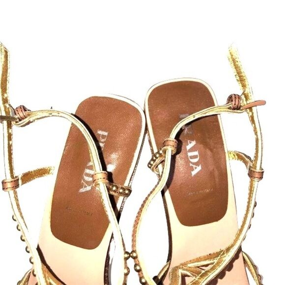 Prada Sandals Womens Size 8.5 Gold Studded Square Toe Brown Buckle Stiletto - Picture 4 of 9
